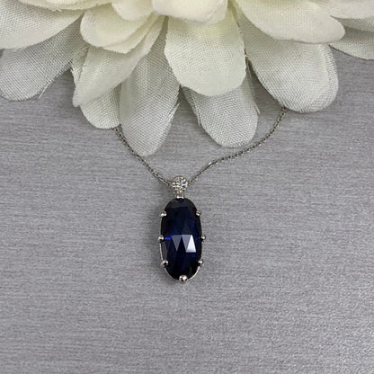 Elongated Oval Shaped Blue Sapphire Pendant Necklace 14K Solid Gold For Ladies, Rose Cut Blue Sapphire Pendant with Chain Mothers Day, #6754