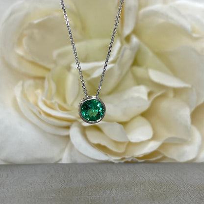 Emerald floating pendant,  bezel set emerald necklace 14k white gold ,18 inch diamond cut cable chain #5935