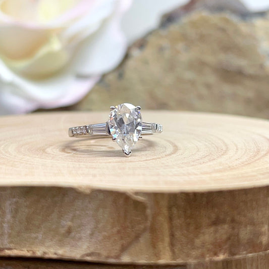 Pear shaped moissanite engagement ring 14K gold, Pear shaped solitaire with baguette moissanite accents, Three stone Pear shaped ring, #6510