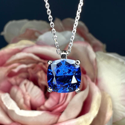 Cushion cut blue sapphire necklace 14k white gold, Dainty sapphire pendant necklace layering something blue necklace handmade jewelery #5726