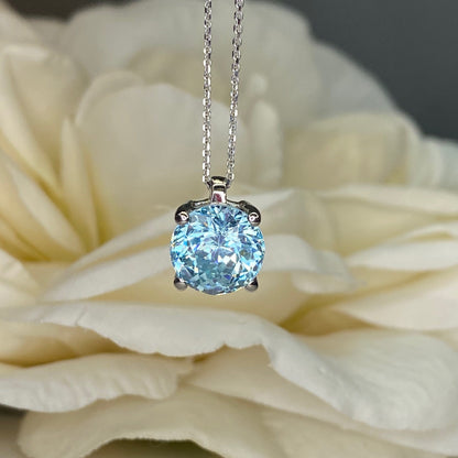 Aquamarine Round Solitaire Necklace For Her, Simulated Diamond Dainty Necklace 14k White Gold, March Birthstone Round Pendant For Her