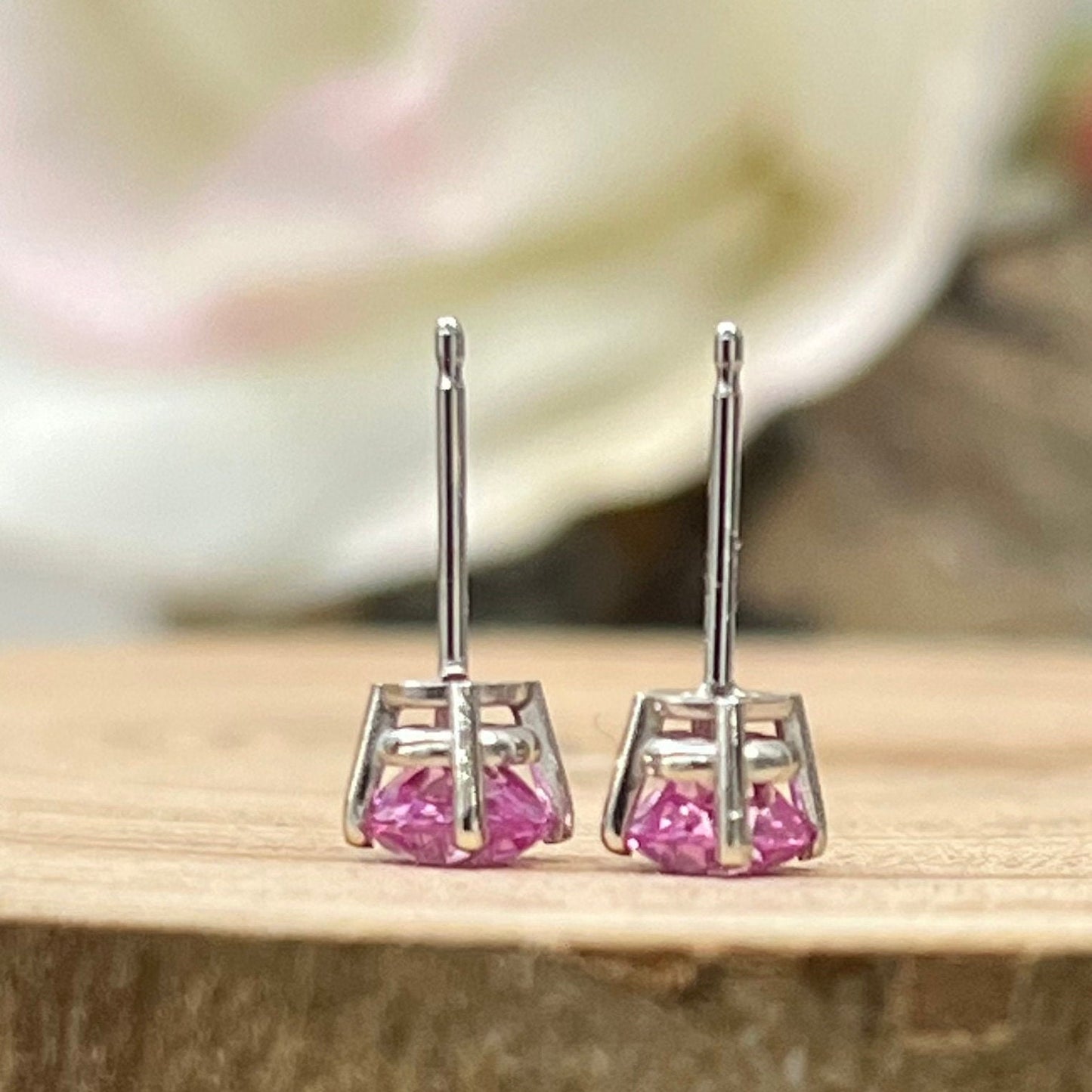 Pink Sapphire Earrings, Round Brilliant Stud Earrings,  1.00ctw. Earrings, Birthstone Earrings, 14K White Gold,  #6435