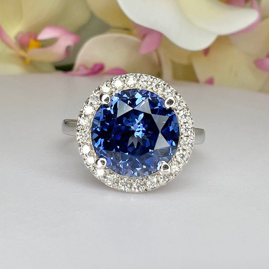 Round Blue Sapphire With Diamond Halo Engagement Ring,14k White Gold Blue Sapphire And Moissanite Halo Wedding Ring, Unique Ladies Ring 5945