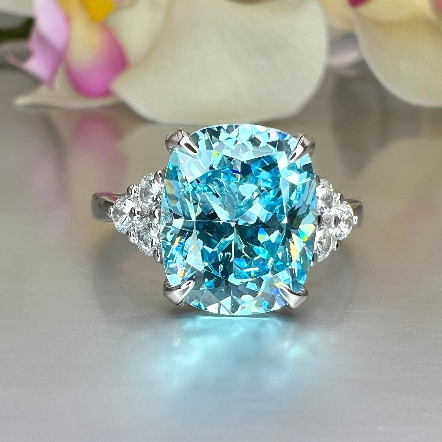 Aquamarine Cushion Cut Engagement Ring, Aquamarine Elongated Cushion Cut And Round Cluster Simulated Diamond Wedding Ring, Ladies Ring