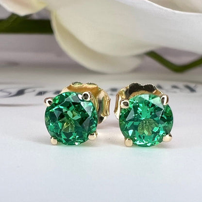 Green Emerald Earrings / Round Ladies Studs /  Earrings / Anniversary Gift / 14K Yellow Or White Gold /  #5946