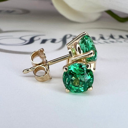 Green Emerald Earrings / Round Ladies Studs /  Earrings / Anniversary Gift / 14K Yellow Or White Gold /  #5946