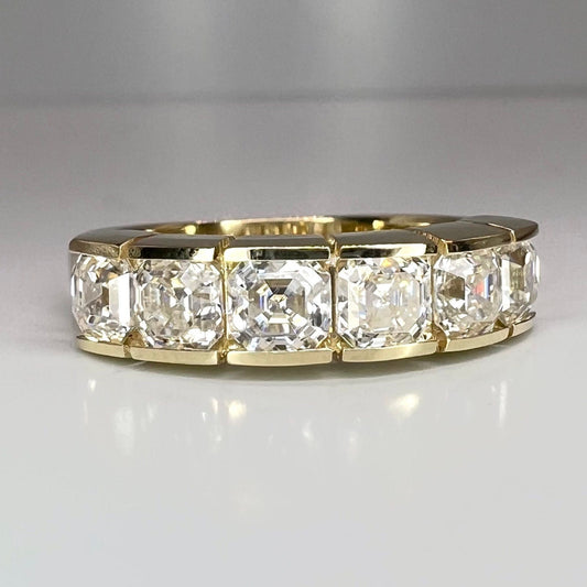 Asscher cut 6 stone bezel set moissanite simple wedding band 14k solid gold, stacking half eternity band, handmade thick wedding band