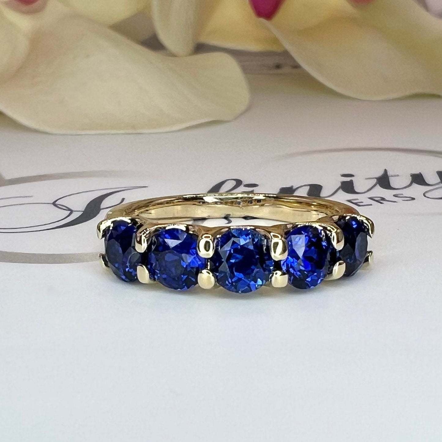 5 Stone Round Blue Sapphire Wedding Band 14K Solid White Gold For Ladies, Blue Sapphire Stacking Ring,Sapphire Wedding Band For Women