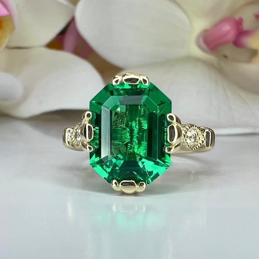 Emerald cut emerald with natural diamonds vintage style engagement ring, 3.50ctw, 14k yellow gold #5995