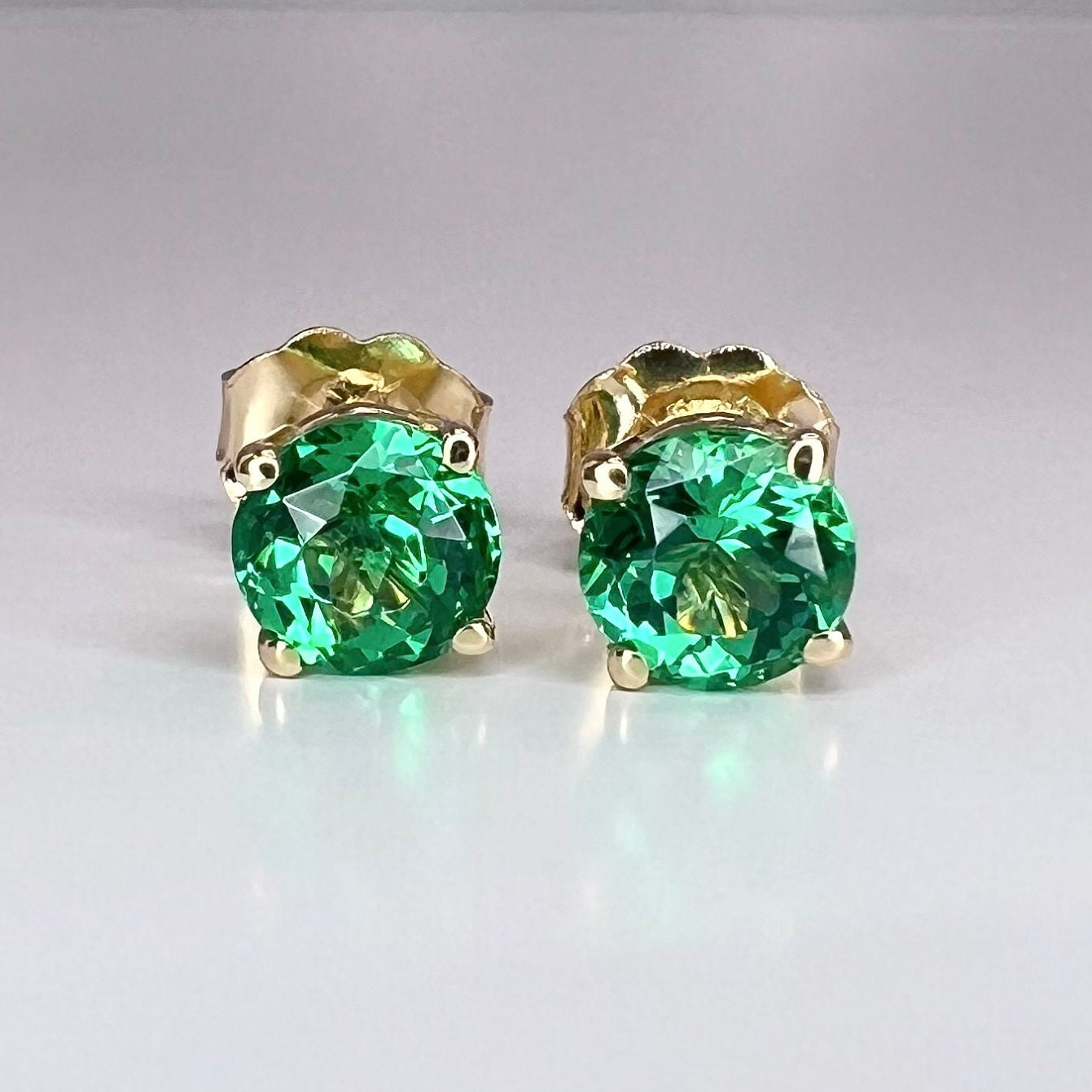 Green Emerald Earrings / Round Ladies Studs /  Earrings / Anniversary Gift / 14K Yellow Or White Gold /  #5946