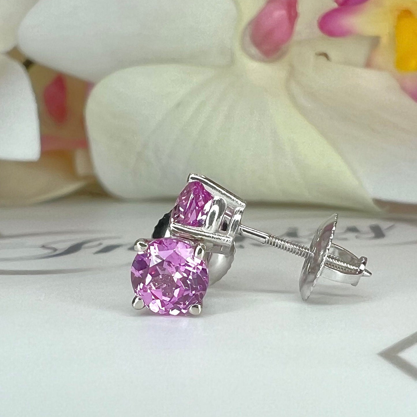 Pink Sapphire Earrings, Round Brilliant Stud Earrings,  1.00ctw. Earrings, Birthstone Earrings, 14K White Gold,  #6435