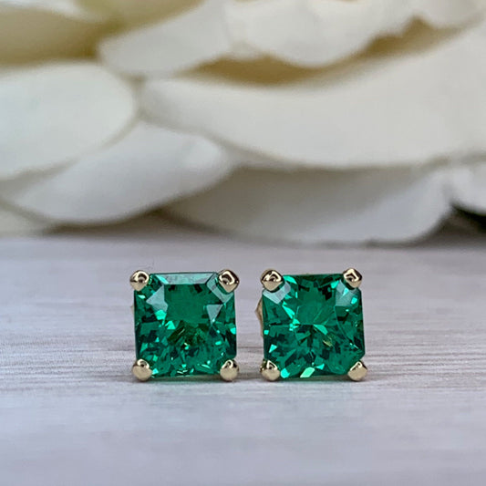 Radiant Cut Studs, Green Emerald Ladies Earring, Engagement Wedding Anniversary Gift, Dainty Jewelry, 14k Yellow Gold Ladies Studs, #6183