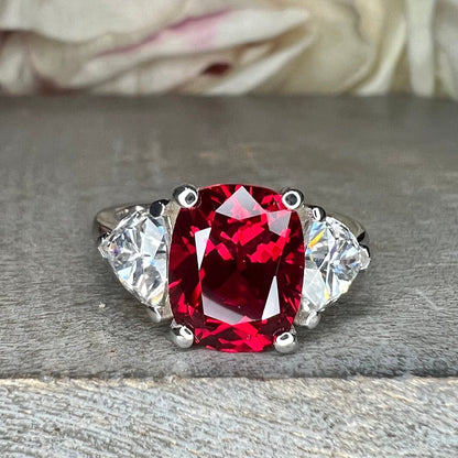 Ruby Cushion Cut And Moissanite Engagement Ring, Three Stone Ruby And Moissanite Ring, 14k Gold Elongated Cushion Cut Ruby Ring   #6853