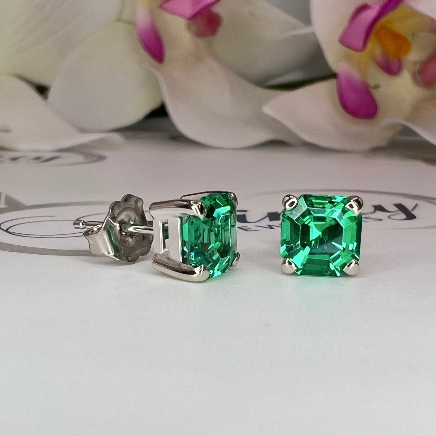 May Birthstone Earrings, Ladies Earrings, Asscher Emerald Studs, 14k Gold Earrings, Mothers Day, Birthday Gift, Infinity Jewelers USA #5519