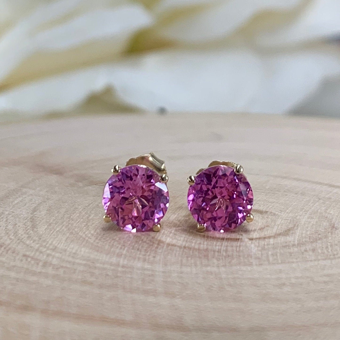 Round Pink Sapphire Stud Earring 14K Yellow Gold Ladies Pink Sapphire Stud Earrings 2 Carat Sapphire Earrings Pink Earrings Yellow Gold 7313