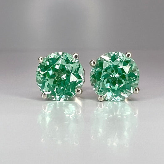 Green Round Stud Earrings, Green Paraiba Extra Facets Earrings, 14K White Gold Studs #6715