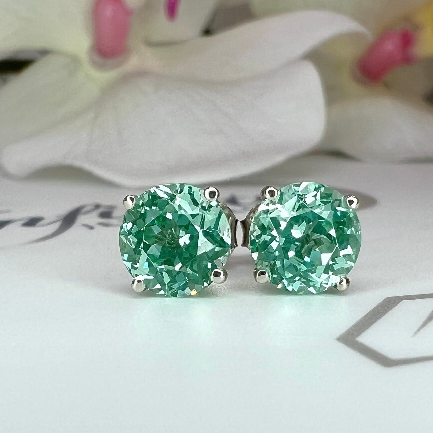 Green Round Stud Earrings, Green Paraiba Extra Facets Earrings, 14K White Gold Studs #6715