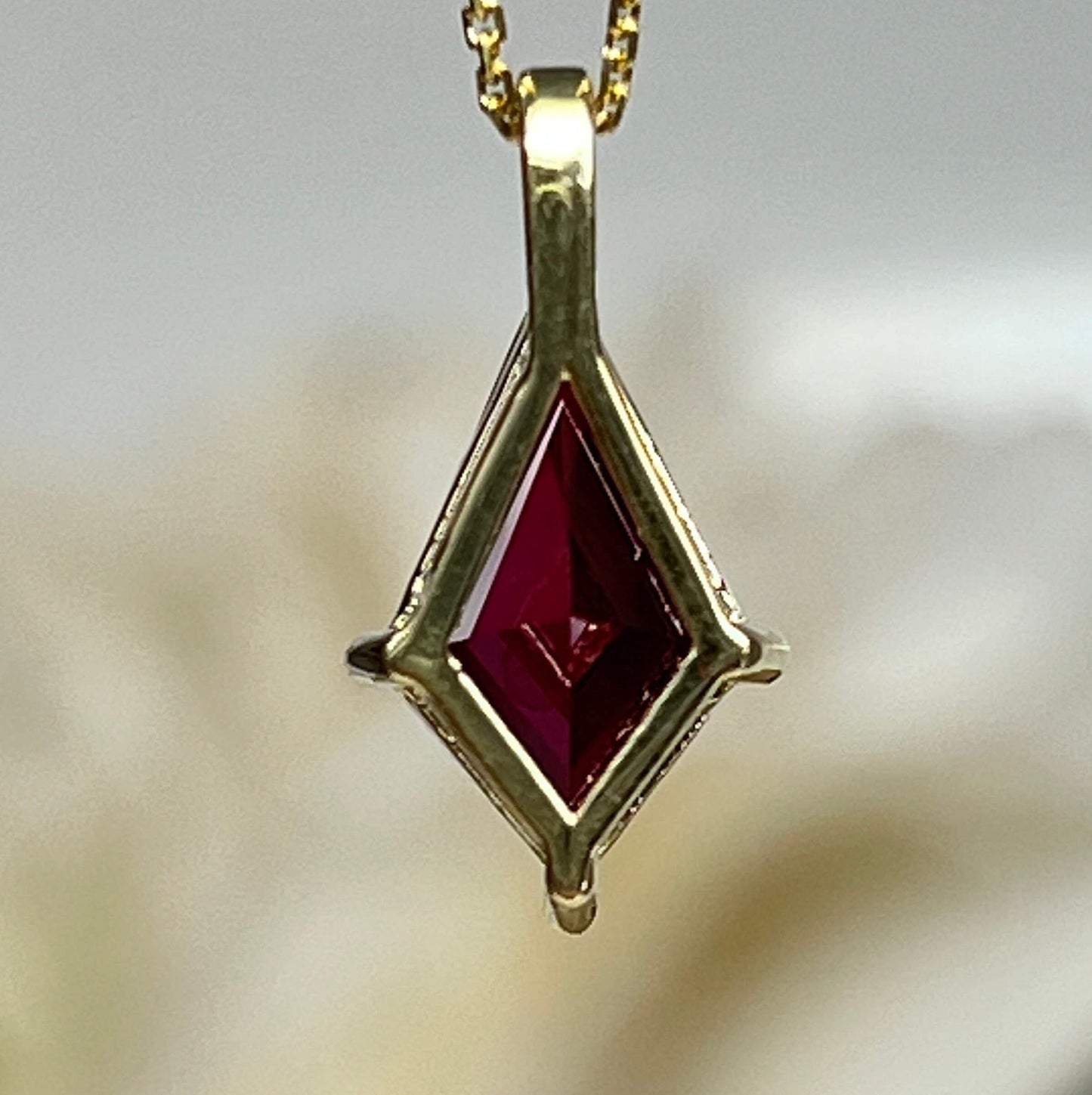 Ruby Kite Shape Pendant Necklace Solid 14K Yellow Gold, Ladies Ruby Necklace Unique Kite Shape Ruby Necklace Pendant Dainty Necklace #7286