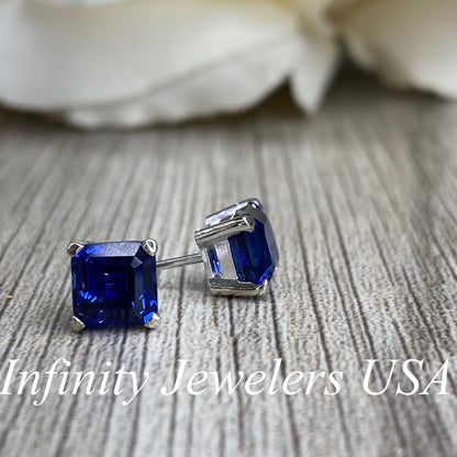 Asscher cut blue sapphire earrings, 2.00ctw screw back earrings  14k white gold