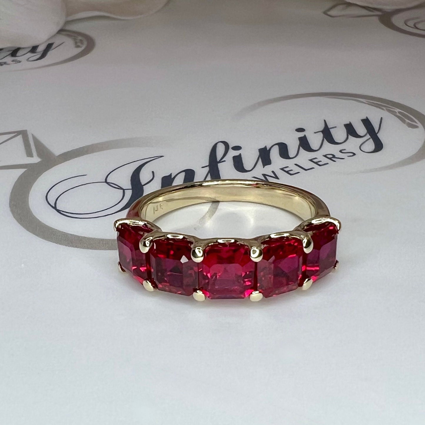 Ruby wedding band 14k solid gold, 5 stone asscher cut ruby band ring, July birthstone ring, ruby stacking rings, minimalist ruby ring, #6064