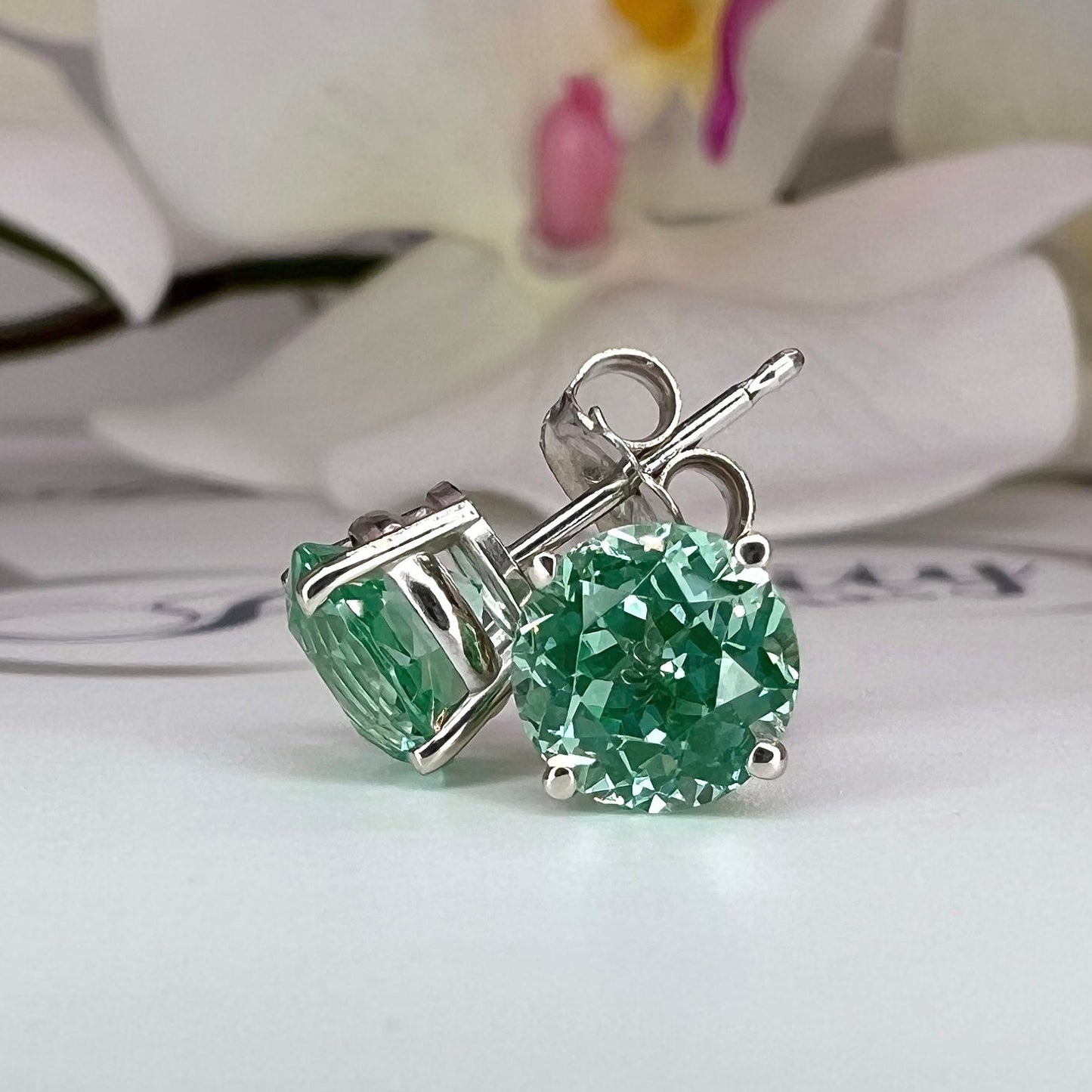 Green Round Stud Earrings, Green Paraiba Extra Facets Earrings, 14K White Gold Studs #6715