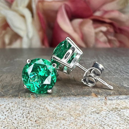 Round brilliant emerald earrings, 2.40ctw. stud earrings with screw backs 14k white gold  #6878