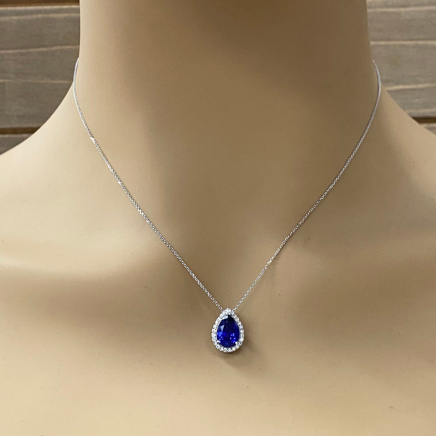 Blue Sapphire and Moissanite Halo Pendant Necklace, Diamond Halo Pear Shape Blue Sapphire Necklace Blue Sapphire Pendant Gold Necklace