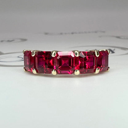 Ruby wedding band 14k solid gold, 5 stone asscher cut ruby band ring, July birthstone ring, ruby stacking rings, minimalist ruby ring, #6064