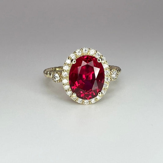 Vintage Ruby Oval Cut Engagement Ring 14K Solid Yellow Gold Unique Gold Ruby Ring With Moissanite Halo Anniversary Promise Wedding Ring 7384