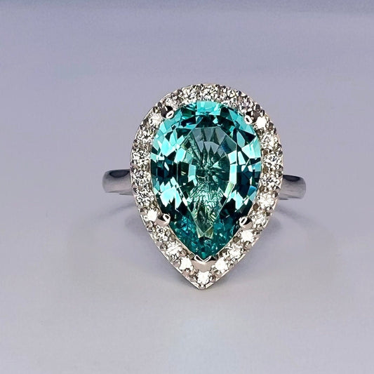 Paraiba Tourmaline Engagement Ring 14K White Gold, Pear Shaped Halo Wedding Ring, Pear Shaped Blue Tourmaline Moissanite Halo Ring, #7971