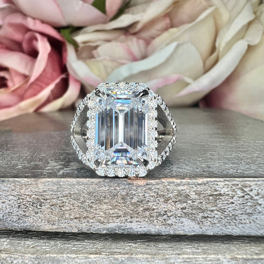 Emerald Cut Moissanite Engagement Ring White Gold, Unique Vintage Style Emerald Cut Halo Engagement Ring Split Shank Heavy Gold Ring,  #7476