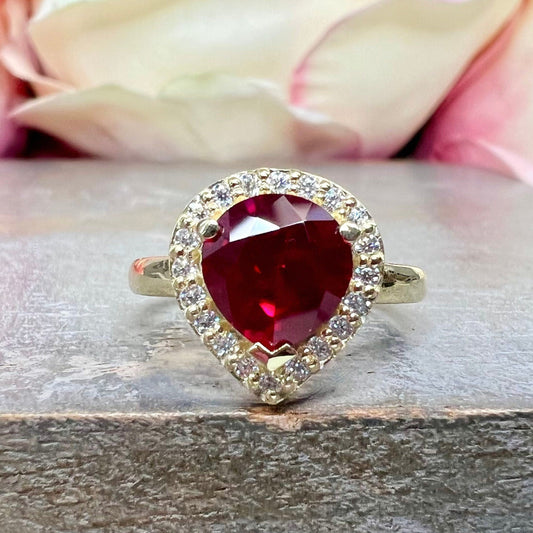 Pear Shaped Ruby With Moissanite Halo Engagement Ring 14K Yellow Gold, Teardrop Pear Solitaire Engagement Ring, Red Gem Wedding Rings, #7485