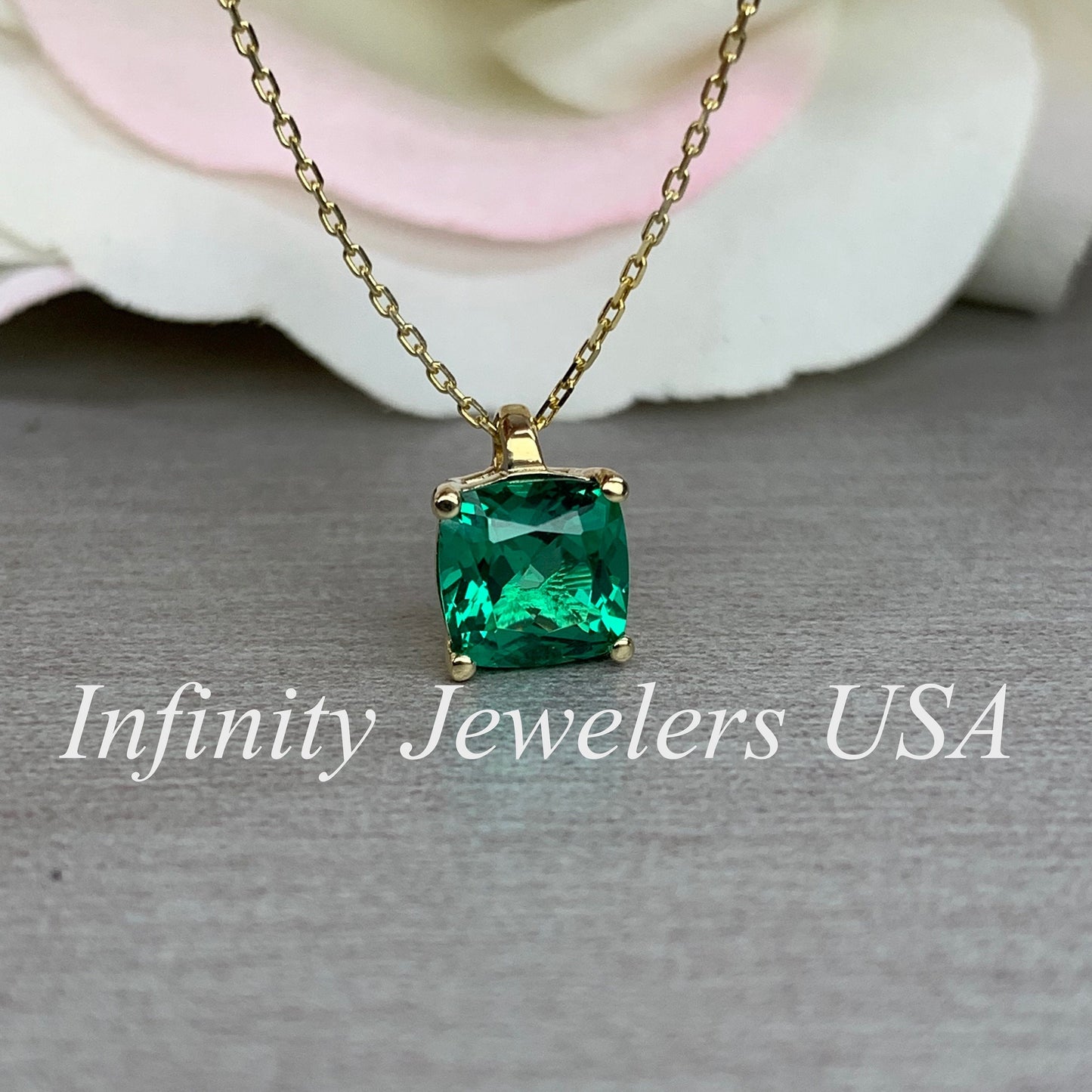 Cushion Cut Emerald Pendant Necklace, 14k Gold Dainty Emerald Green Layering Necklace, Cushion Cut May Birthstone Pendant For Ladies.  #5690