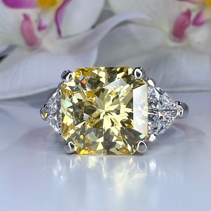 Yellow Stone Engagement Ring Cushion Cut , Canary Yellow Wedding Ring ,  Three Stone Engagement Ring , Promise Wedding Ring For Women  #5942