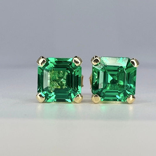 Asscher Cut Ladies Earring / Emerald Stud Earring / Mother's Day Gift / Everyday Earring / Gift Ideas For Her / 14k Yellow Gold