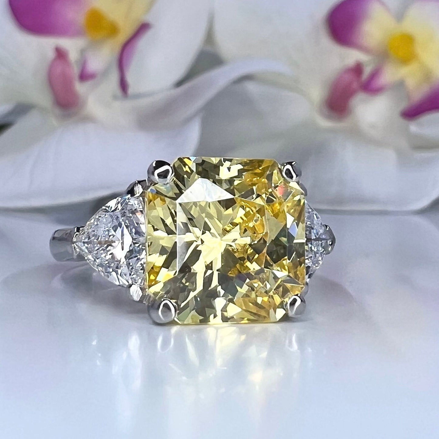 Yellow Stone Engagement Ring Cushion Cut , Canary Yellow Wedding Ring ,  Three Stone Engagement Ring , Promise Wedding Ring For Women  #5942