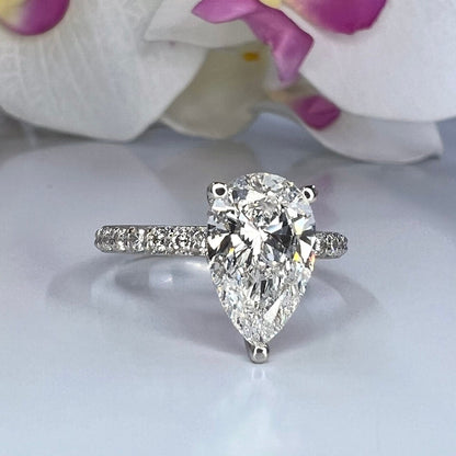 Lab created diamond engagement ring 14k solid gold, Pear shaped lab grown diamond ring, Lab grown diamond hidden halo engagement ring