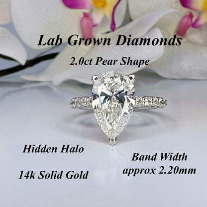 Lab created diamond engagement ring 14k solid gold, Pear shaped lab grown diamond ring, Lab grown diamond hidden halo engagement ring