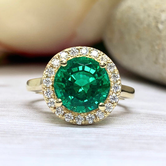 Round Shape Green Emerald Ring With Moissanite Halo 14K Yellow Gold, Round Emerald Engagement Ring Halo For Ladies, Birthstone Ring #7110