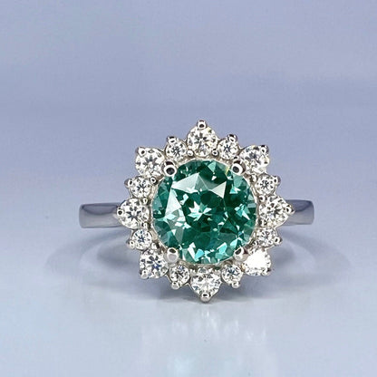 Teal Green Paraiba tourmaline vintage engagement ring,  moissanite halo 14k solid gold, Unique vintage style teal green wedding ring,  #7995