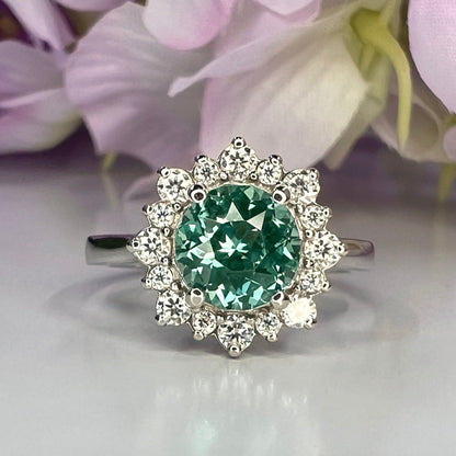 Teal Green Paraiba tourmaline vintage engagement ring,  moissanite halo 14k solid gold, Unique vintage style teal green wedding ring,  #7995