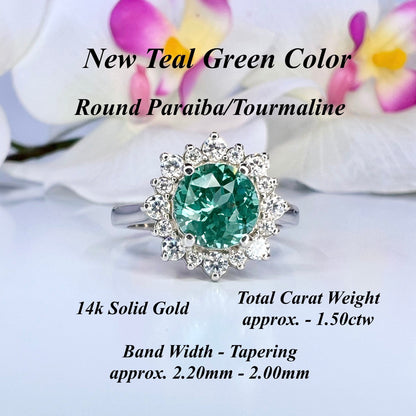 Teal Green Paraiba tourmaline vintage engagement ring,  moissanite halo 14k solid gold, Unique vintage style teal green wedding ring,  #7995