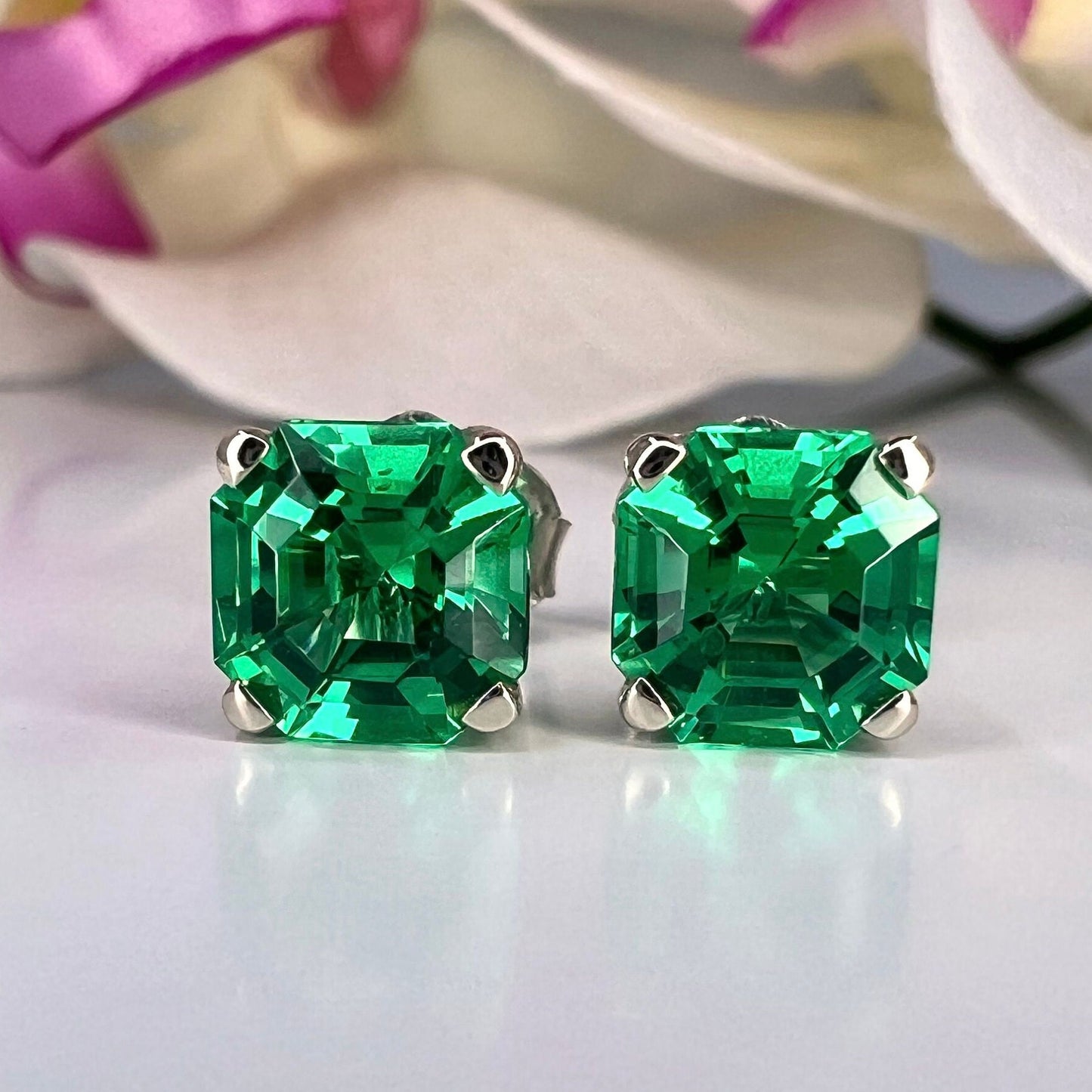 Emerald Stud Earrings 14k Yellow Gold, Asscher Cut Emerald, Emerald Earrings Studs, Solid Gold Emerald Earring, May Birthstone Earrings 5519