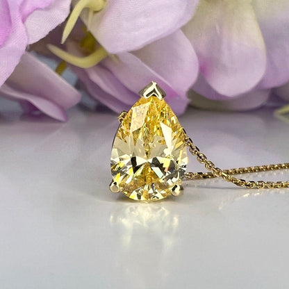 Pear Shape Solitaire Pendant Necklace, Yellow Simulated Diamond Pear Pendant Birthday Gift For Her, Teardrop Shape Pendant Necklace    #5697