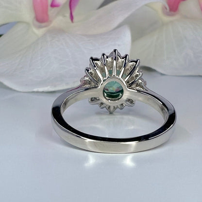 Teal Green Paraiba tourmaline vintage engagement ring,  moissanite halo 14k solid gold, Unique vintage style teal green wedding ring,  #7995