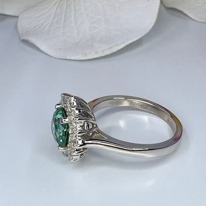 Teal Green Paraiba tourmaline vintage engagement ring,  moissanite halo 14k solid gold, Unique vintage style teal green wedding ring,  #7995