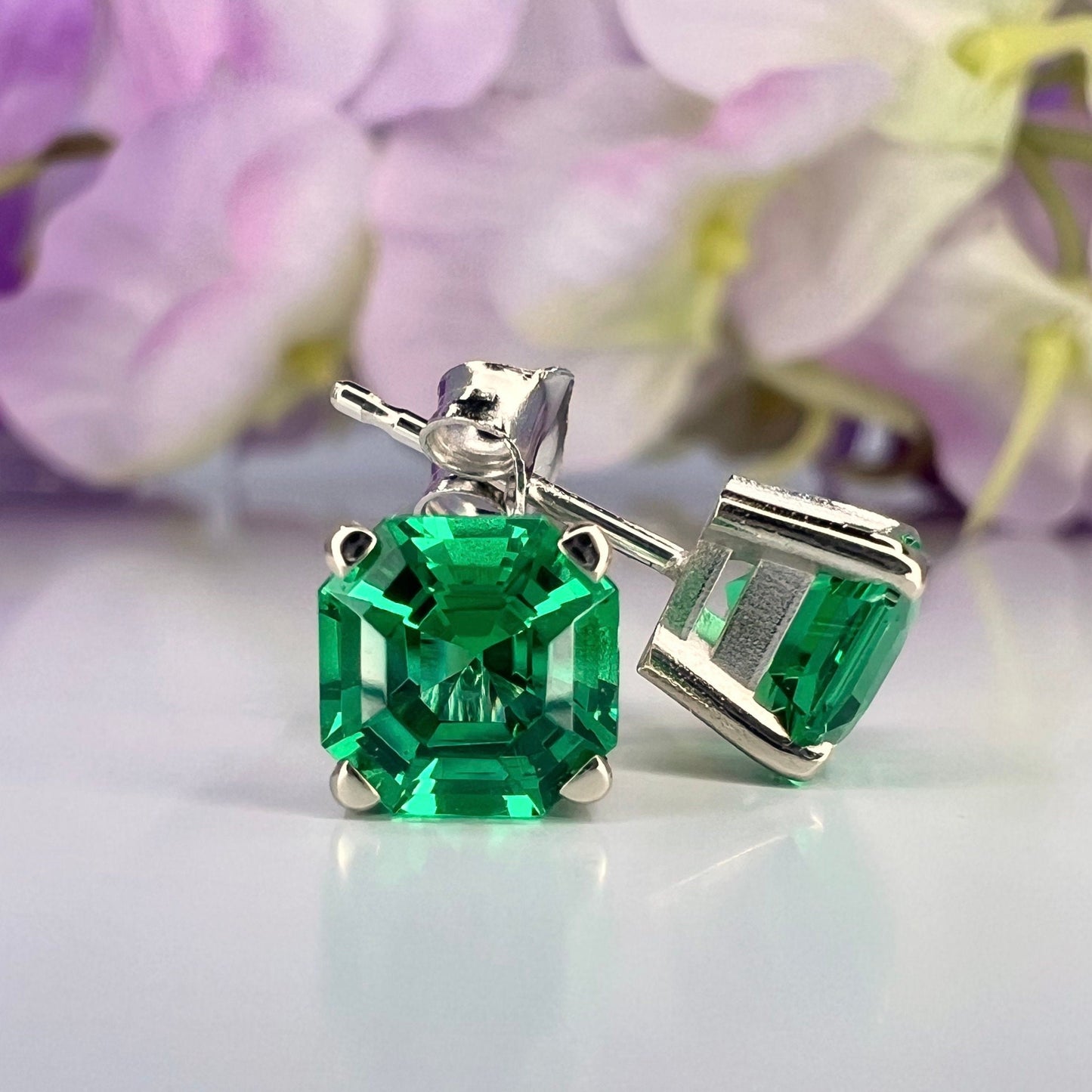 Emerald Stud Earrings 14k Yellow Gold, Asscher Cut Emerald, Emerald Earrings Studs, Solid Gold Emerald Earring, May Birthstone Earrings 5519