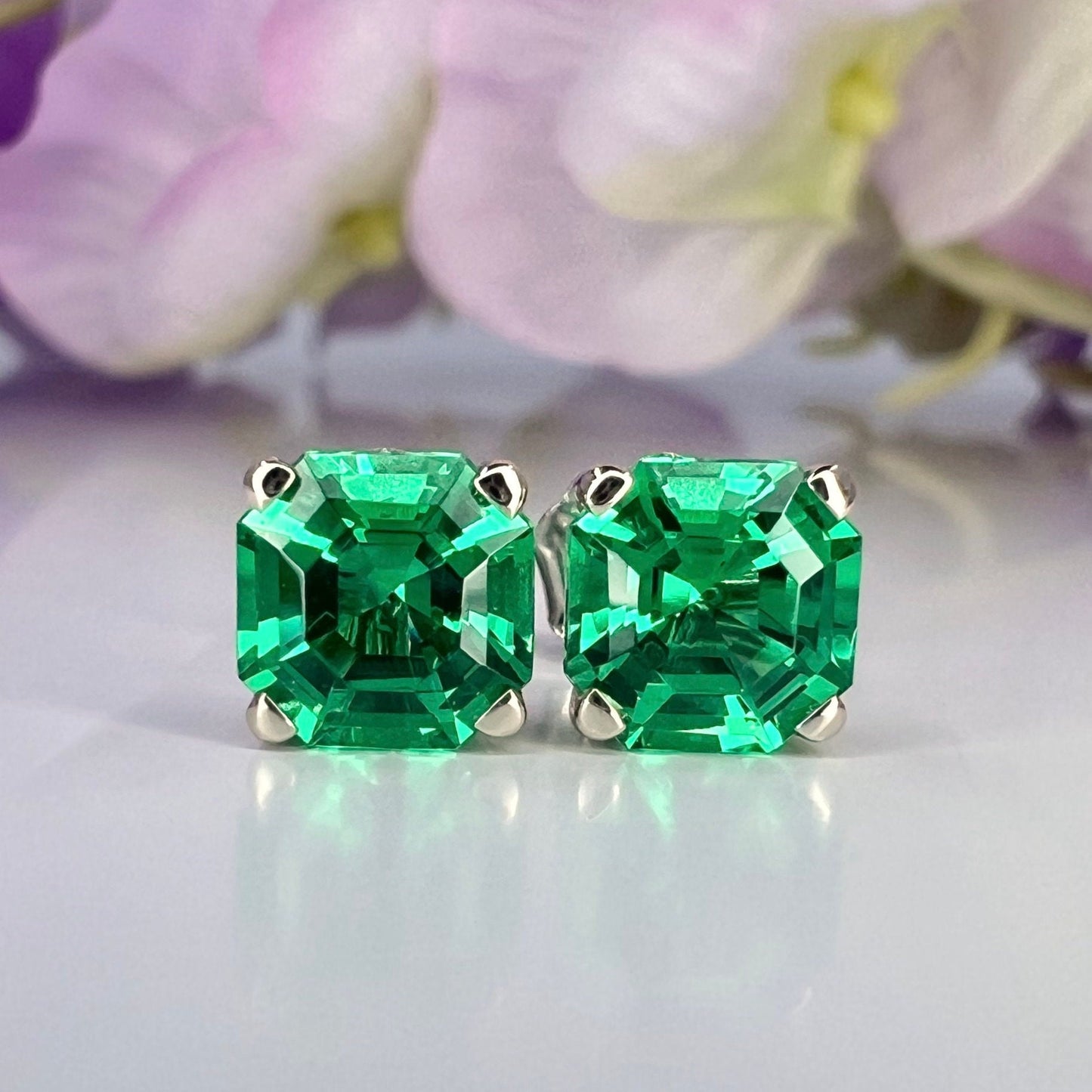 Emerald Stud Earrings 14k Yellow Gold, Asscher Cut Emerald, Emerald Earrings Studs, Solid Gold Emerald Earring, May Birthstone Earrings 5519