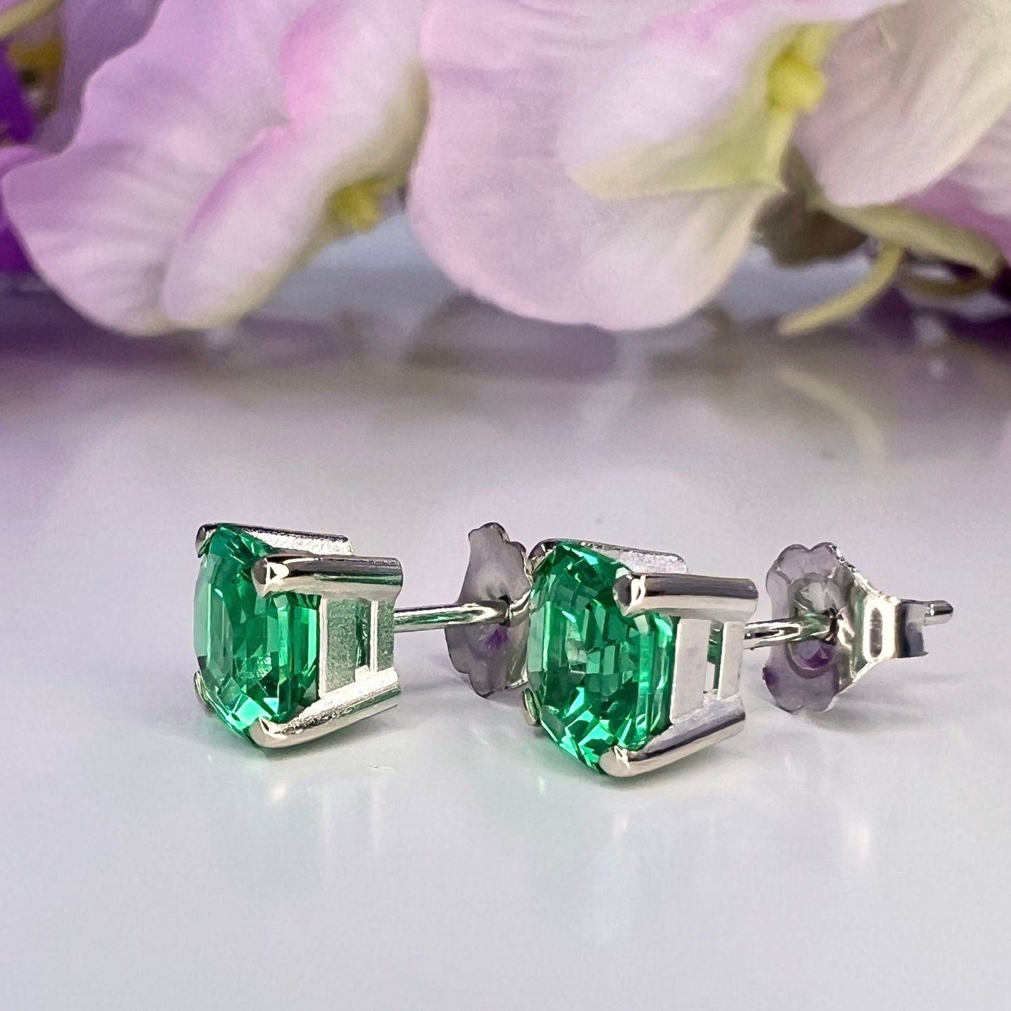 Emerald Stud Earrings 14k Yellow Gold, Asscher Cut Emerald, Emerald Earrings Studs, Solid Gold Emerald Earring, May Birthstone Earrings 5519