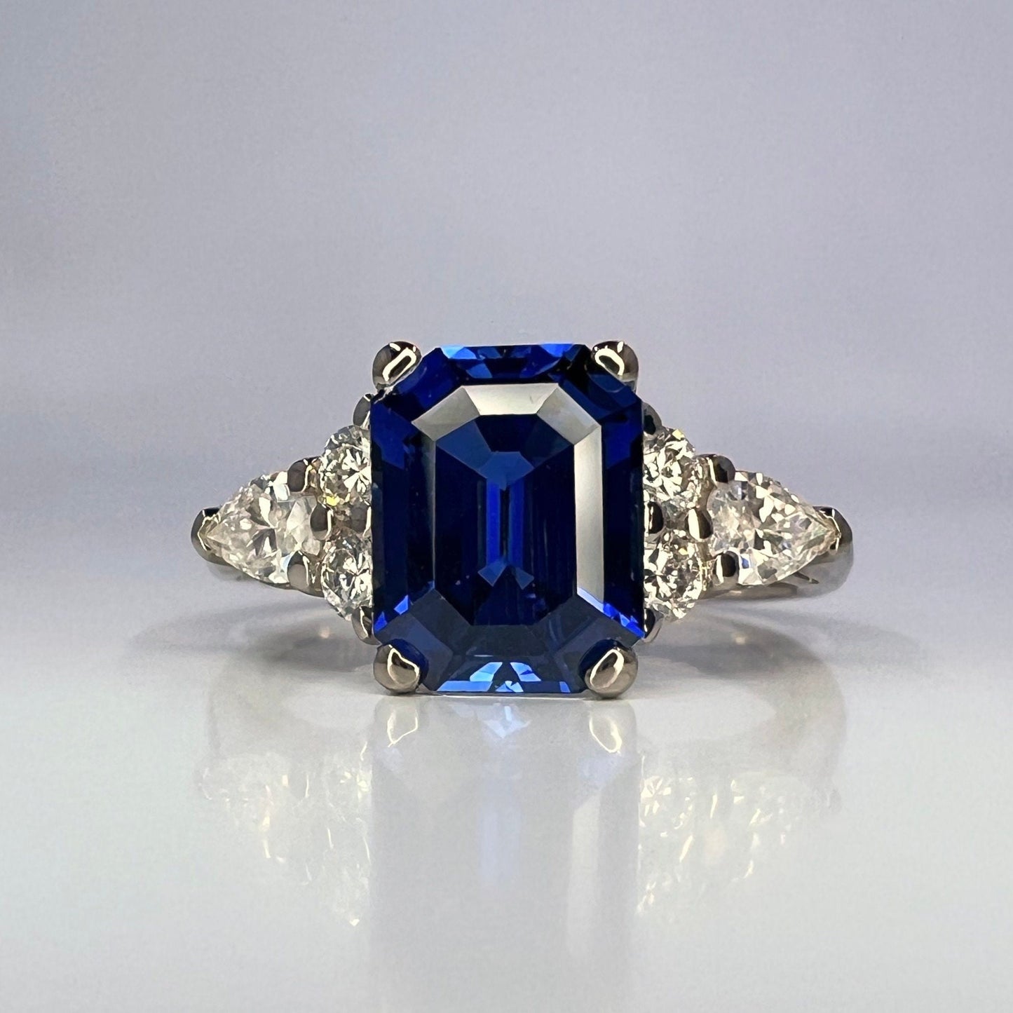 Blue Sapphire Engagement Ring White Gold, Unique Vintage Blue Sapphire Cluster Ring,  Sapphire and Moissanite Cluster Ring For Women